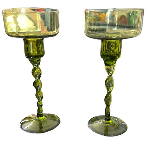 Vintage Empoli Hand Blown Green Glass Twisted Stem Pair