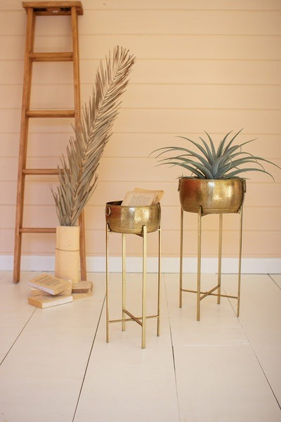 Set Of Two Brass Finish Planters With Stands Planters
