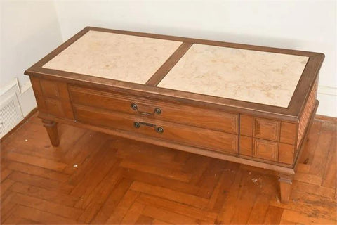 Mid Century Modern Arvin Industries Wood and Travertine Coffee Table w Stereo Radio Vinyl Record Player Console Accent Tables