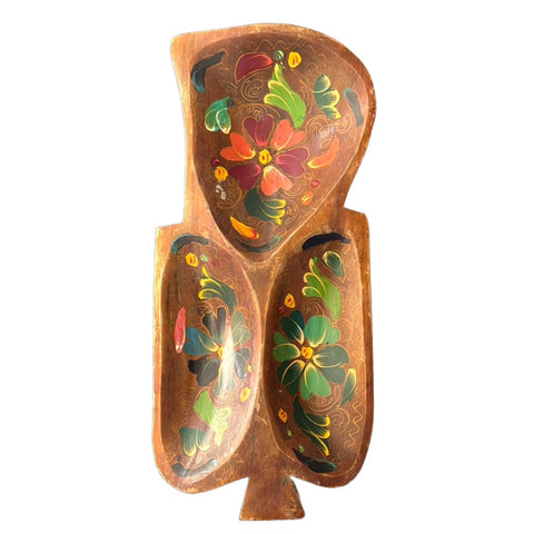 VTG Teak Wood Leaf Divided MCM Hand Painted Folk Art 