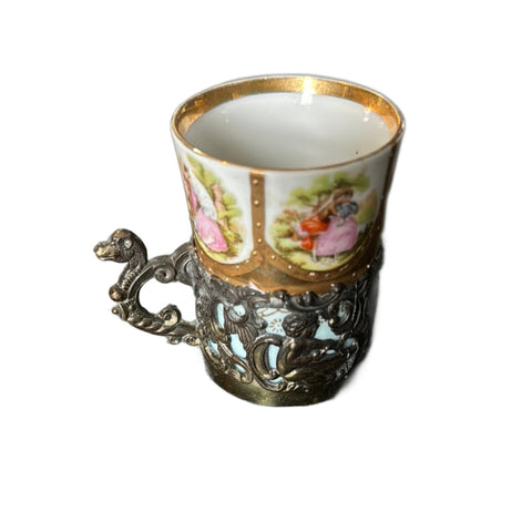 Vintage Porcelain Demitasse Tea or Coffee Cup Ornate w/Brass Holder 