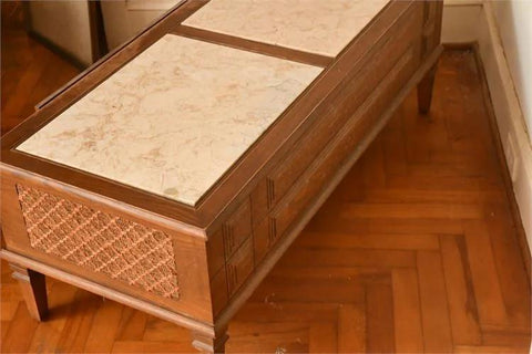 Mid Century Modern Arvin Industries Wood and Travertine Coffee Table w Stereo Radio Vinyl Record Player Console Accent Tables