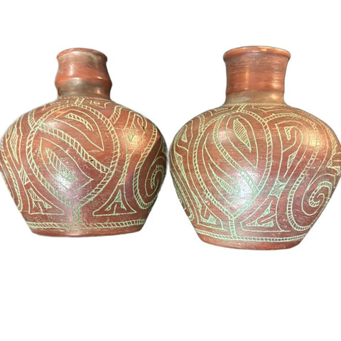 Vintage Brazilian Pottery Vase hand etched design pair 