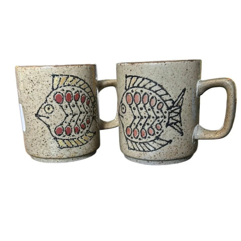 Vintage Stoneware Speckled Fish & Leaf Mug Set Mugs
