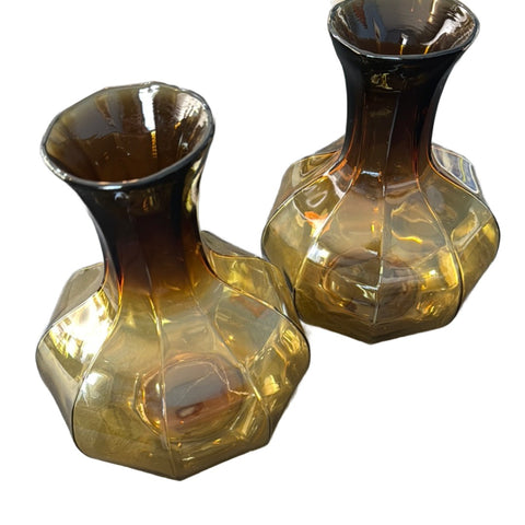 Vintage Tiara Indiana Glass 9-Sided Amber Vase pair Vases