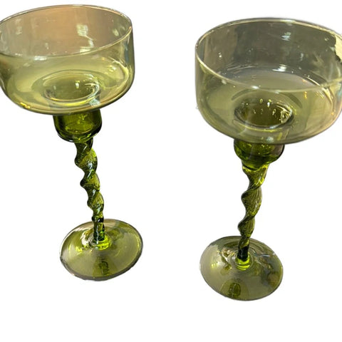 Vintage Empoli Hand Blown Green Glass Twisted Stem Pair