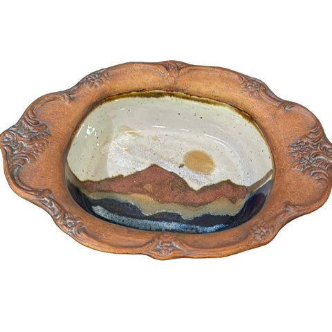 Chappelle Pottery Mountain Design Bowl Drip Glaze Ornate Handles Signed 11"