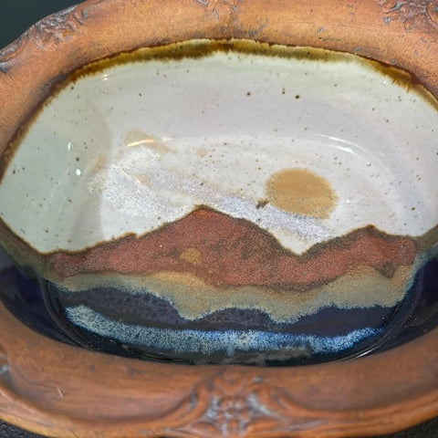 Chappelle Pottery Mountain Design Bowl Drip Glaze Ornate Handles Signed 11"