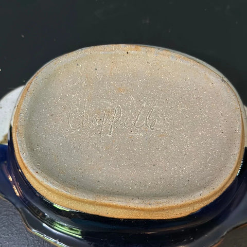 Chappelle Pottery Mountain Design Bowl Drip Glaze Ornate Handles Signed 11"