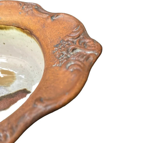 Chappelle Pottery Mountain Design Bowl Drip Glaze Ornate Handles Signed 11"