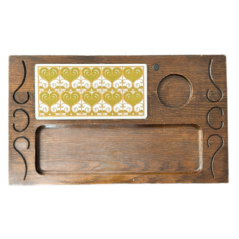 Vintage Retro Wooden Cheese Board With Inlaid Tile Green White 