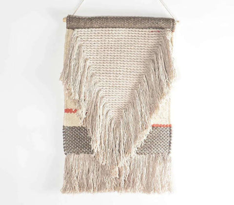 Fringed Neutral Handwoven Cotton & Wool Wall Hanging-Macrame Hangings-nikal + dust