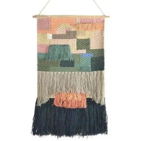 Handwoven Woolen Wall Hanging with Fringed Tassels-Macrame Hangings-nikal + dust