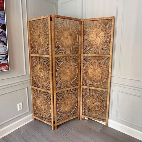 Vintage Rattan Sunburst 3 Panel Room Divider Screen