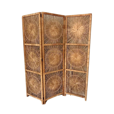 Vintage Rattan Sunburst 3 Panel Room Divider Screen