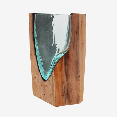 Molten-Glass-V-Shaped-Art-Vase-On-Wood-Vases