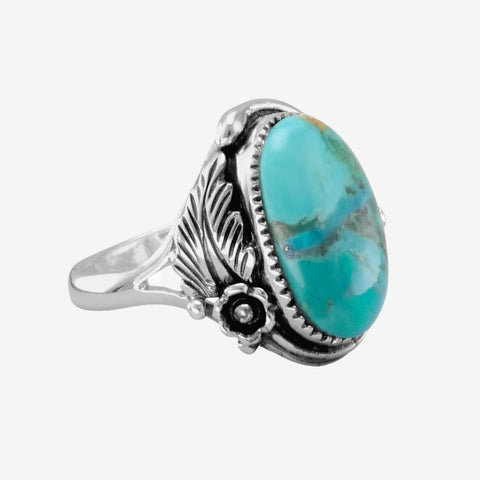 Oval Reconstituted Turquoise Floral Design Ring-Rings-nikal + dust