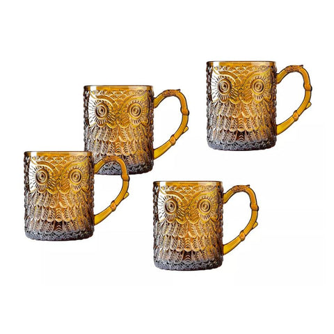 Set of Four Owl Mugs - Amber with Iridescent Finish
