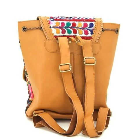 Tan Leather and Vintage Fabric Backpack Backpacks