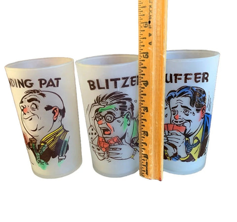 Vintage MCM Frosted Gay Fad Bar Caricature Poker Faces Glasses