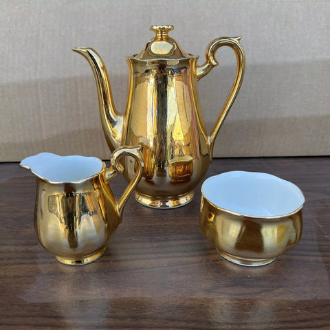 Vintage Hall 22 Carat Gold Golden Glo Pottery Tea Pot Cup Creamer Set (3 piece set)