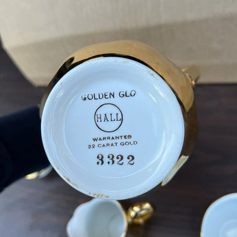 Vintage Hall 22 Carat Gold Golden Glo Pottery Tea Pot Cup Creamer Set (3 piece set)