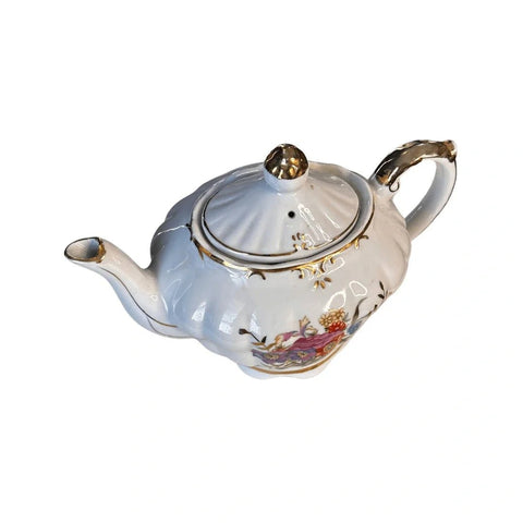 Vintage Musical Tea Pot Wind Up Floral Gold Trim Tea Pot