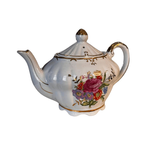 Vintage Musical Tea Pot Wind Up Floral Gold Trim Tea Pot