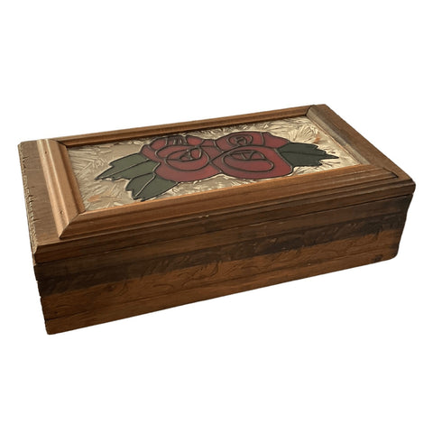 Vintage Wood Jewelry Box with Rose Glass Inlay Jewelry box