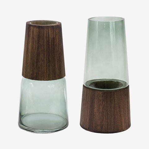 Tapered Glass Vase with Wood Accent - Set of 2 Vases