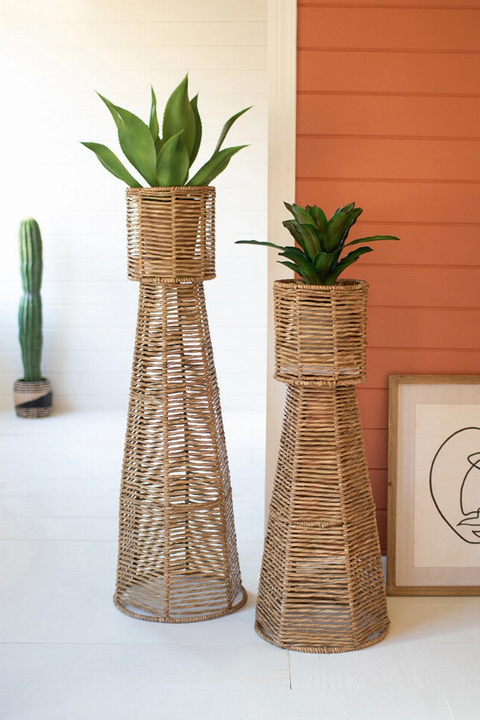 Set Of Two Seagrass And Iron Planter Towers