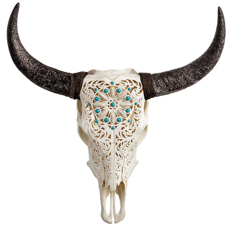 Authentic hand-carved Cow Skull from Indonesia "Turquoise Dreaming" with Stand