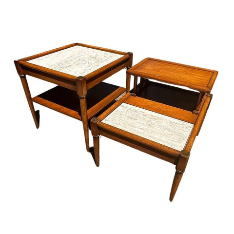 Mid Century Modern Two-Tier End Tables With Inset Tile Panel (Set)