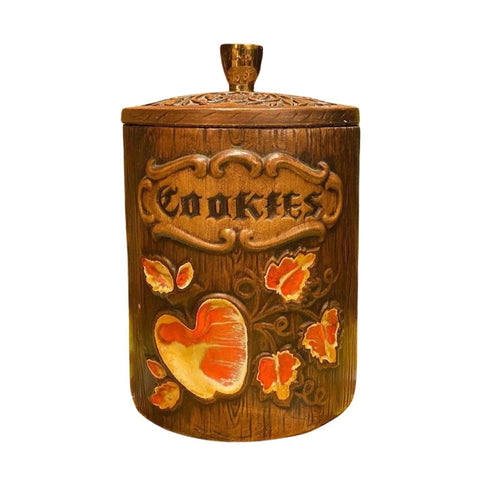 Vintage Treasure Craft Woodgrain Barrel Cookie Jar Apple/Leaf Detail
