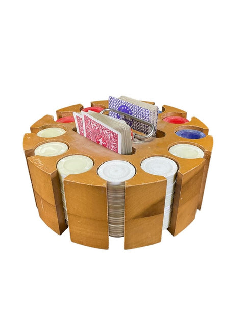 Vintage Wooden Poker Chip & Card Holder On Carousel Base 12 Slots w/Chips & Cards (circa: 19070's)